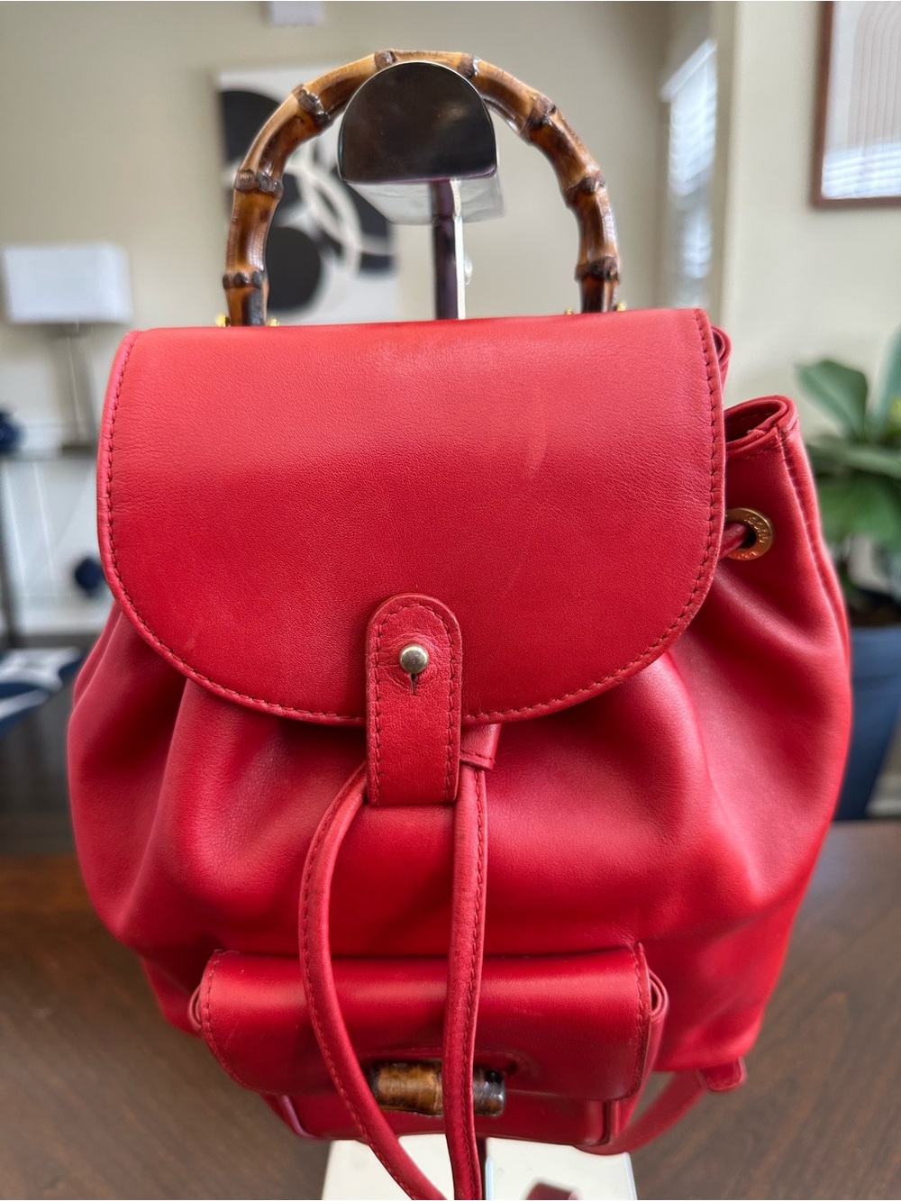Gucci Red Leather Bamboo-Handle Drawstring Backpack - Picture 3 of 6